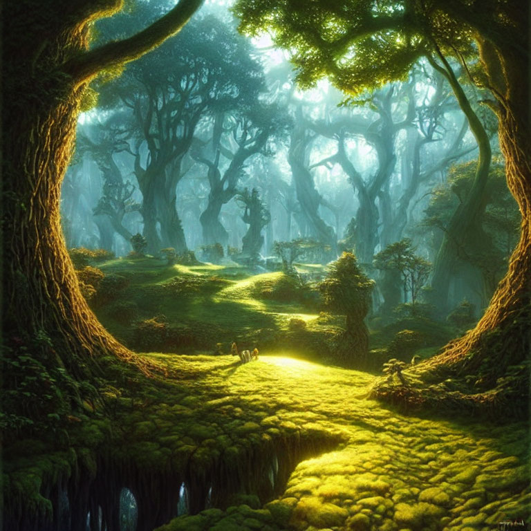 Serene forest glade with sunlight, mossy ground, stream, and figures