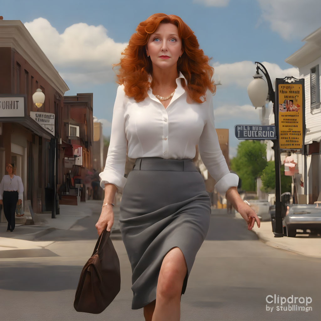 Red-haired woman in white blouse and gray skirt walking down sunny street with brown handbag