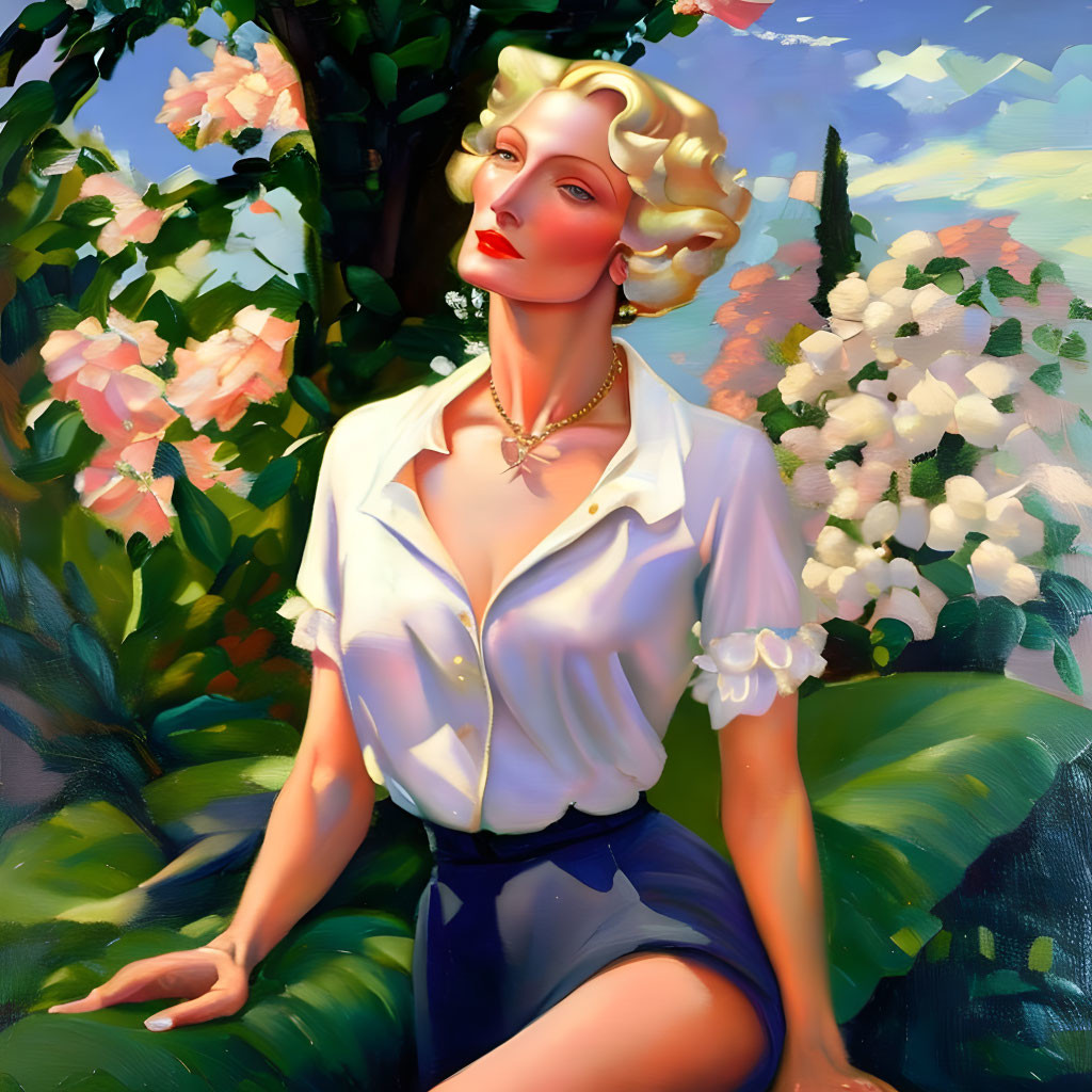 Vintage Style Painting of Woman in White Shirt and Blue Shorts in Garden