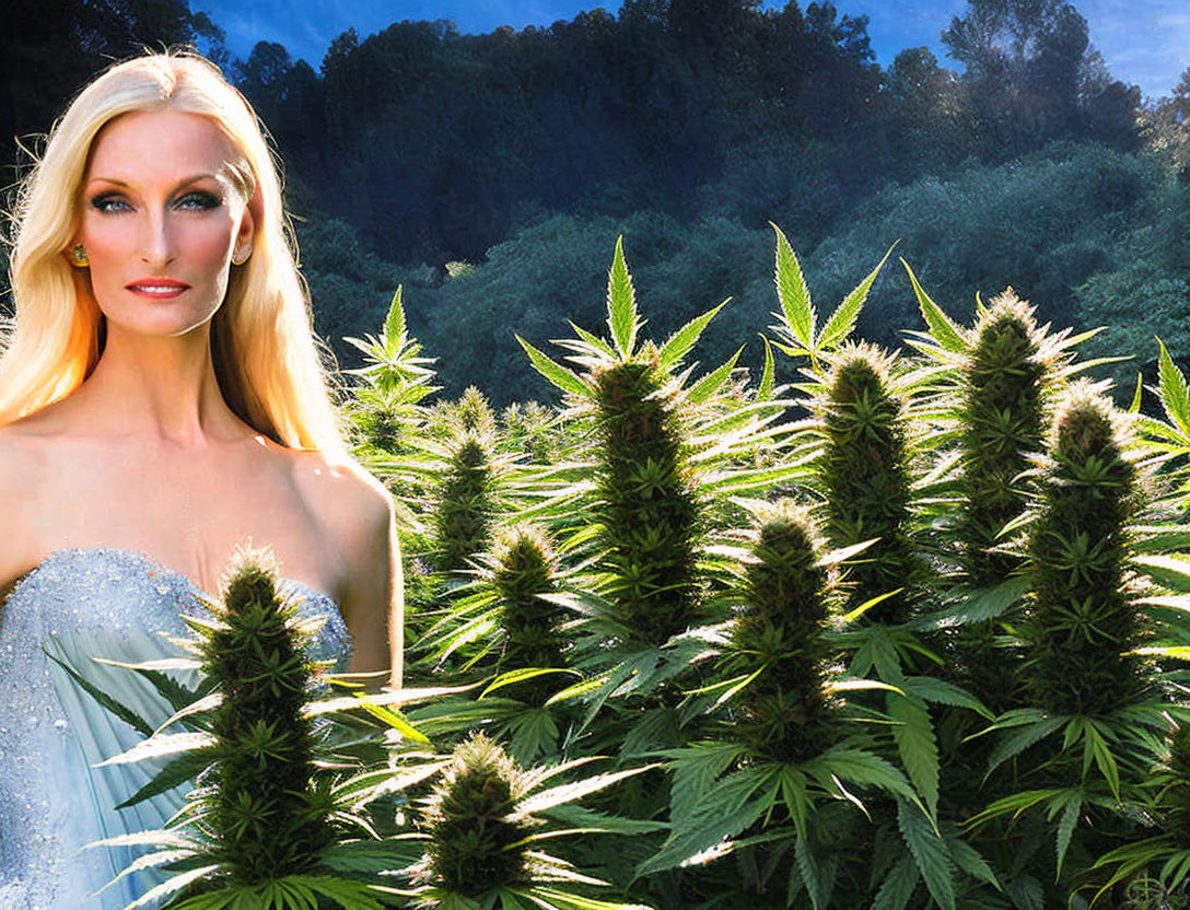 Blonde woman in blue dress near cannabis plants under sunny sky