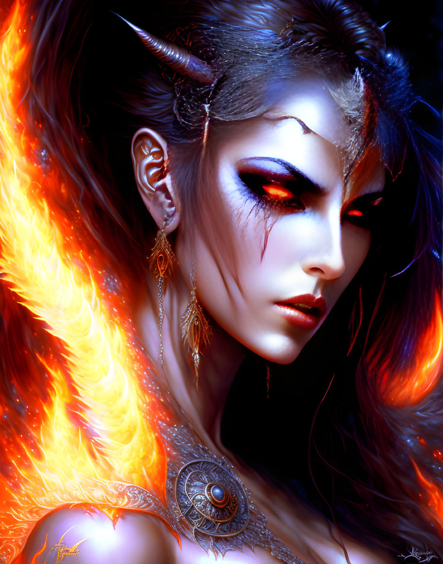 Fantasy Illustration: Woman with Fiery Wings and Horns