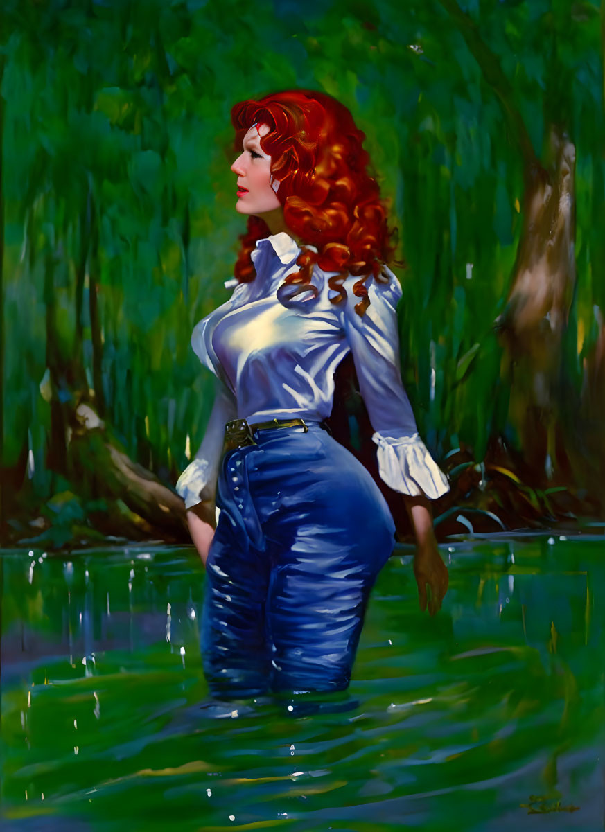 Red-Haired Woman in White Blouse and Blue Jeans Standing in Water surrounded by Greenery