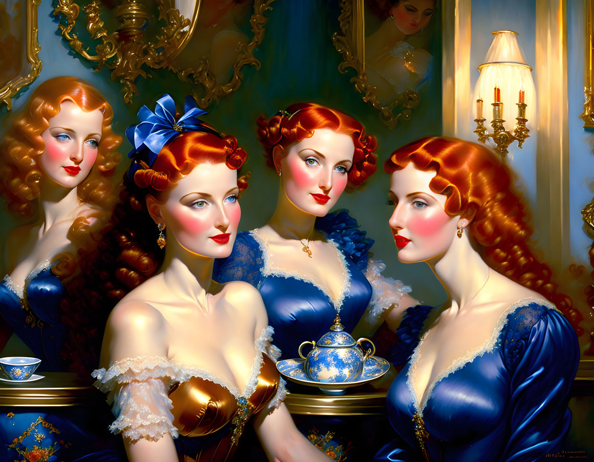 Four red-haired women in elegant attire in luxurious room with tea set and wall lamp