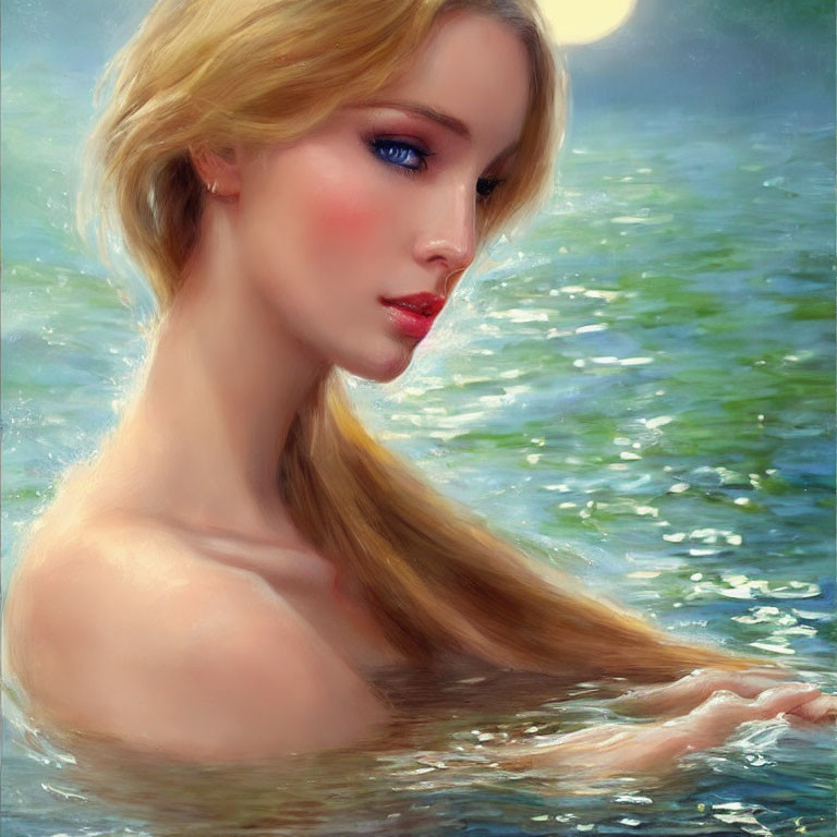 Blonde woman with blue eyes in serene water background