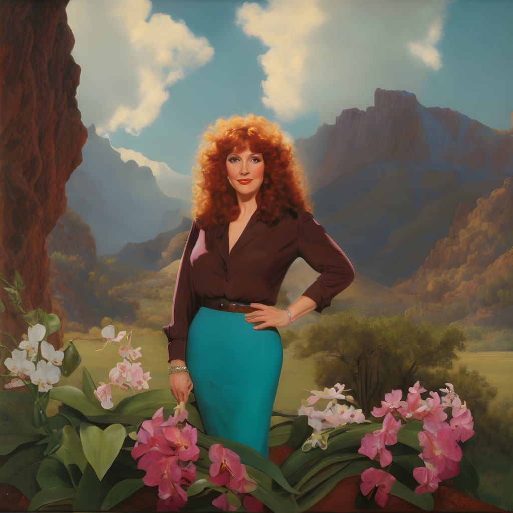 Portrait of a Woman with Voluminous Red Hair and Nature Background