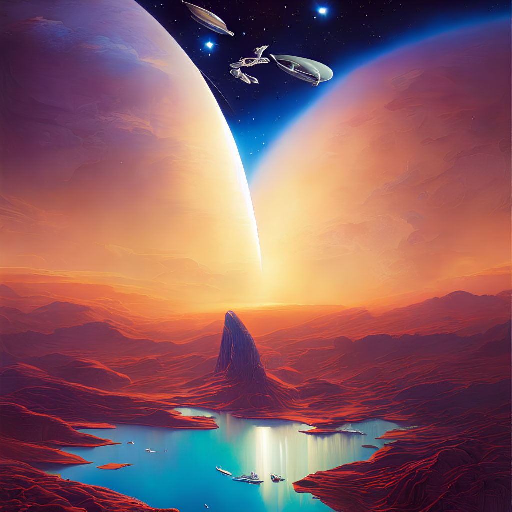 Sci-fi landscape with planet, red terrain, glowing lake, spaceships, and bright star