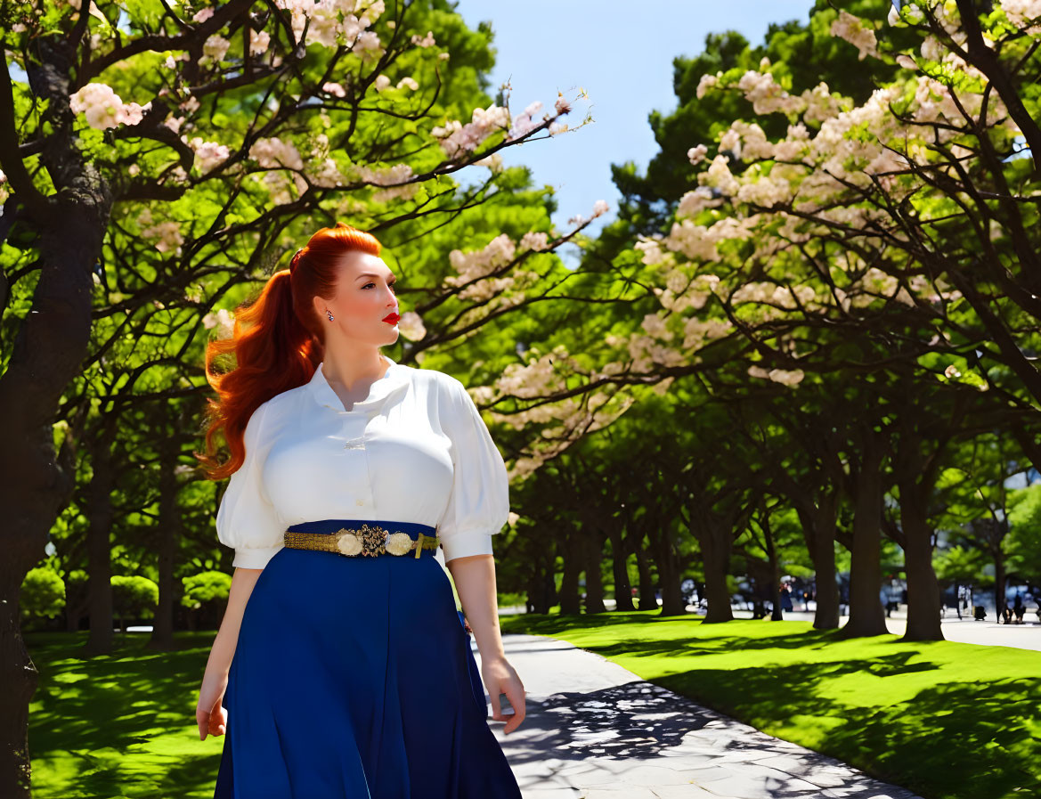 Red-haired woman in white blouse and blue skirt under cherry blossoms