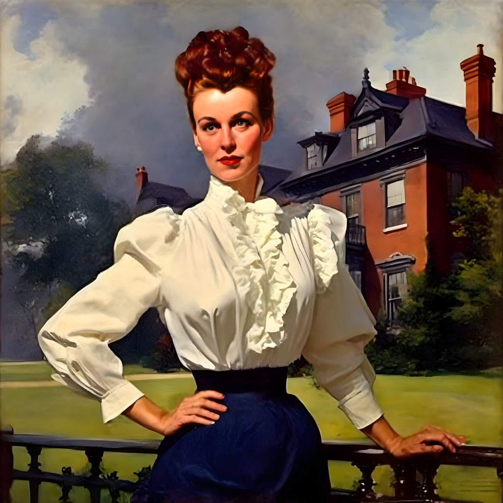 Vintage-style painting of confident woman in 1940s attire at stately home