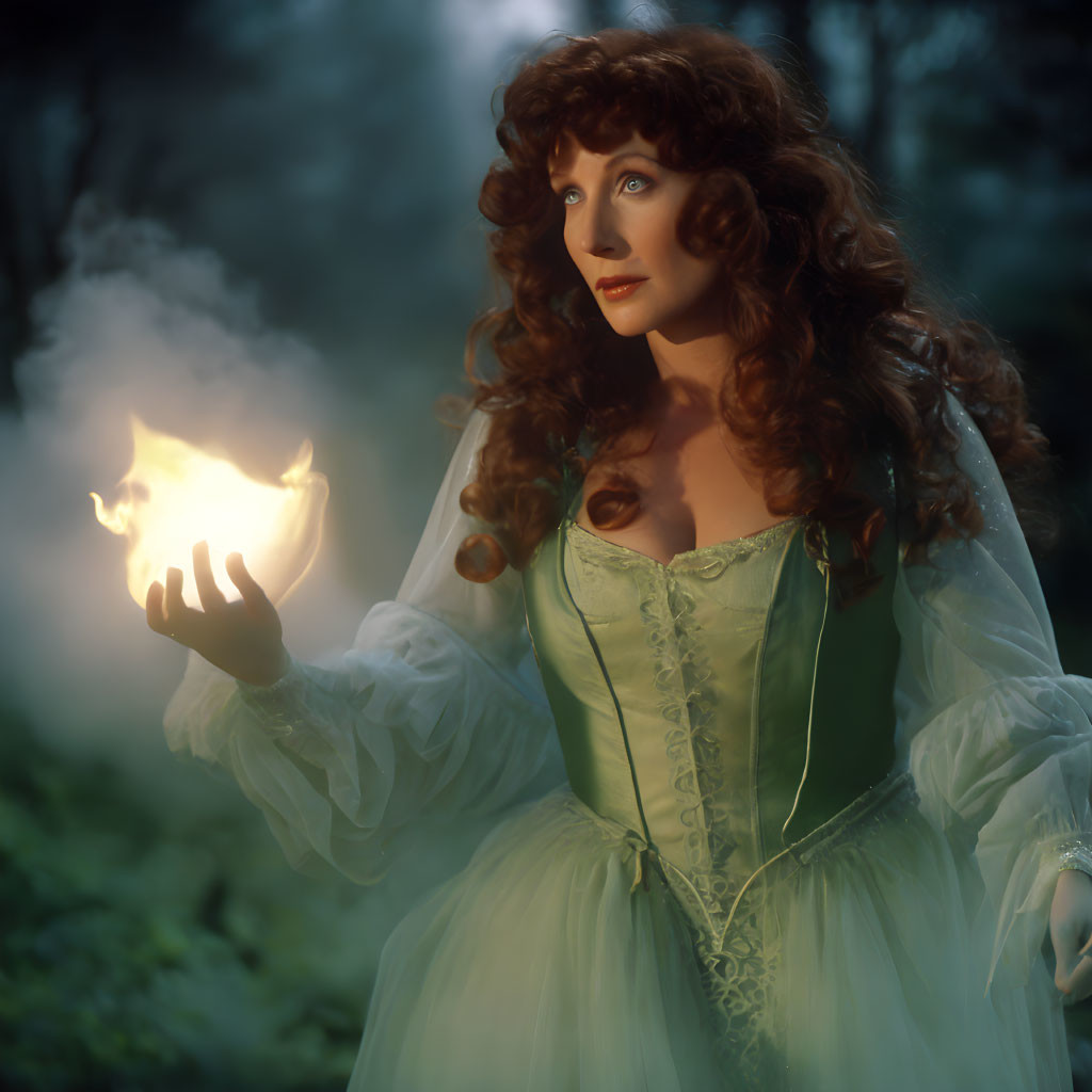 Red-haired woman in green medieval dress conjures fireball in mystical forest