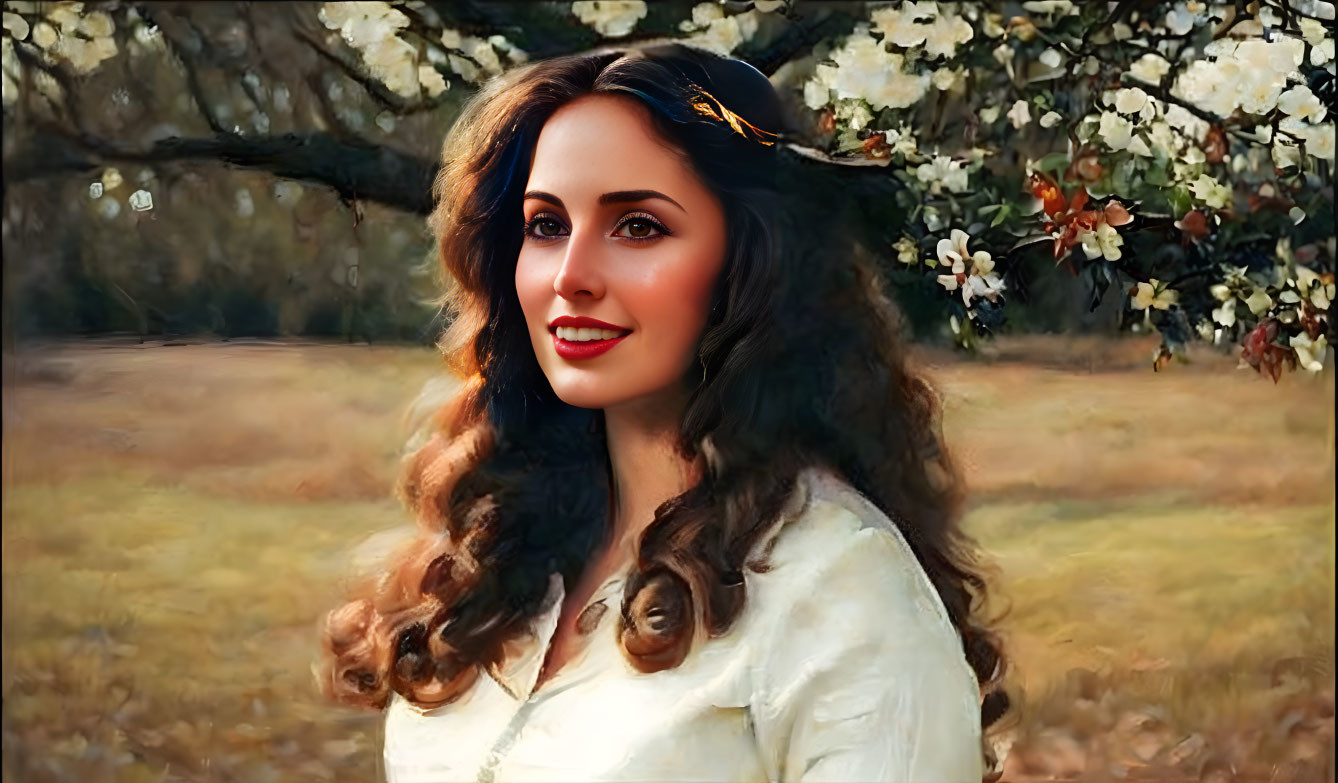 Smiling woman with wavy hair and red lipstick by blossoming trees