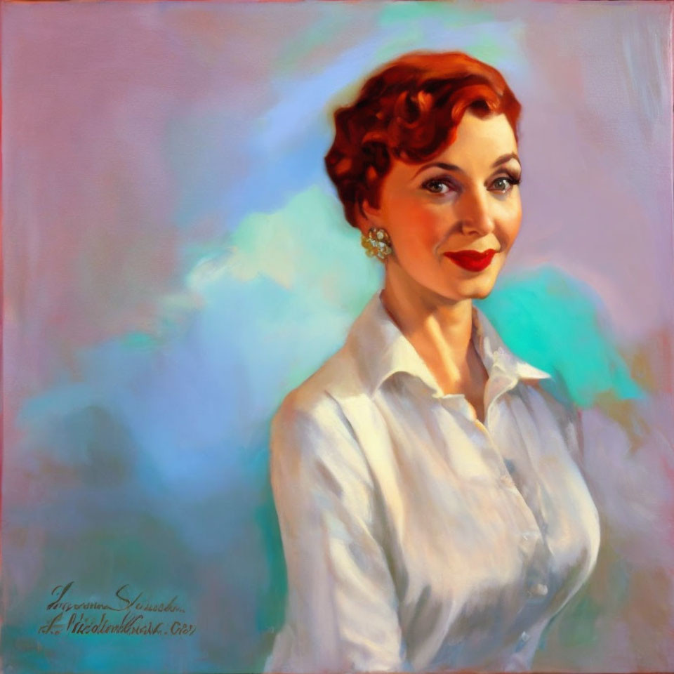 Smiling woman with red hair in white blouse and earrings on colorful background