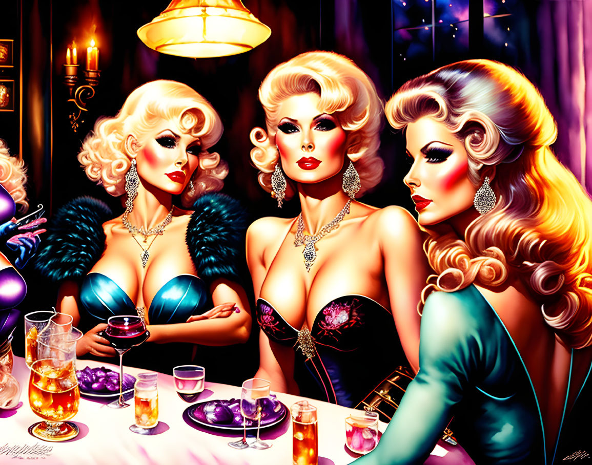 Three glamorous women in elegant evening wear with voluminous hairstyles at a table with drinks under warm lighting