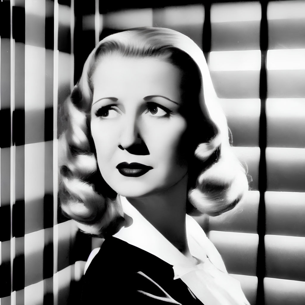 Vintage hairstyle woman in black and white photo with blinds shadows