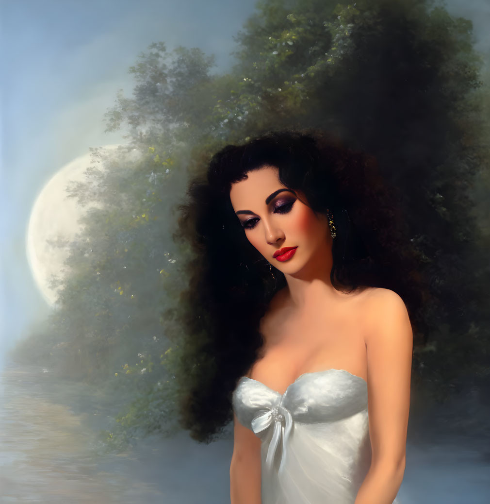 Dark-haired woman in white dress gazes aside in digital painting with moonlit forest background