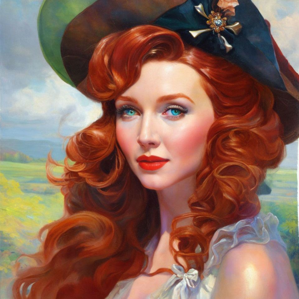 Red-haired woman in hat against countryside backdrop