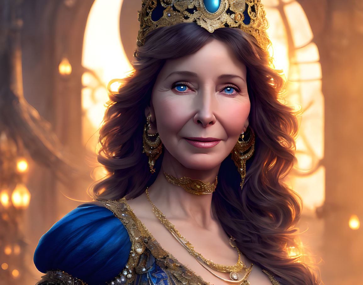 Royal woman with blue eyes and brown hair in golden crown and jewelry, wearing blue gown on golden background