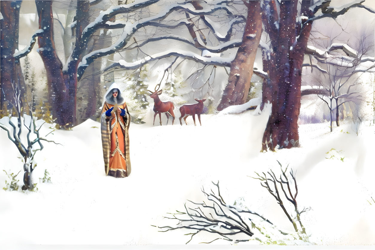 Person in medieval cloak with red deer in snowy forest under soft light