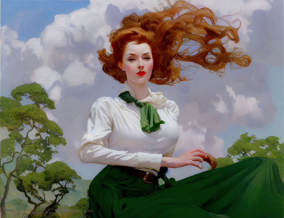 Stylized portrait of a woman with red hair and lipstick in white blouse and green skirt against cloudy