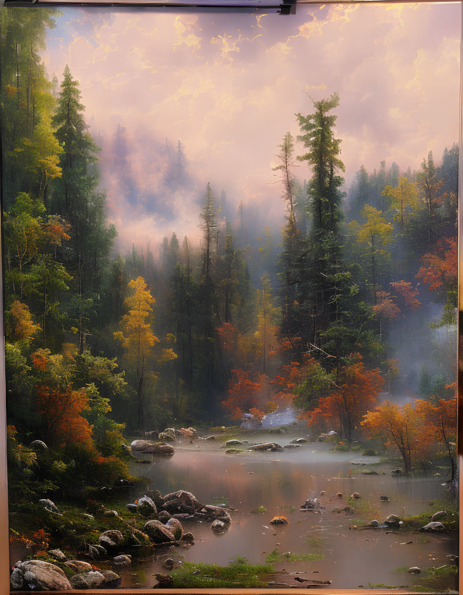 Tranquil autumn forest with misty river and rocks under warm sky