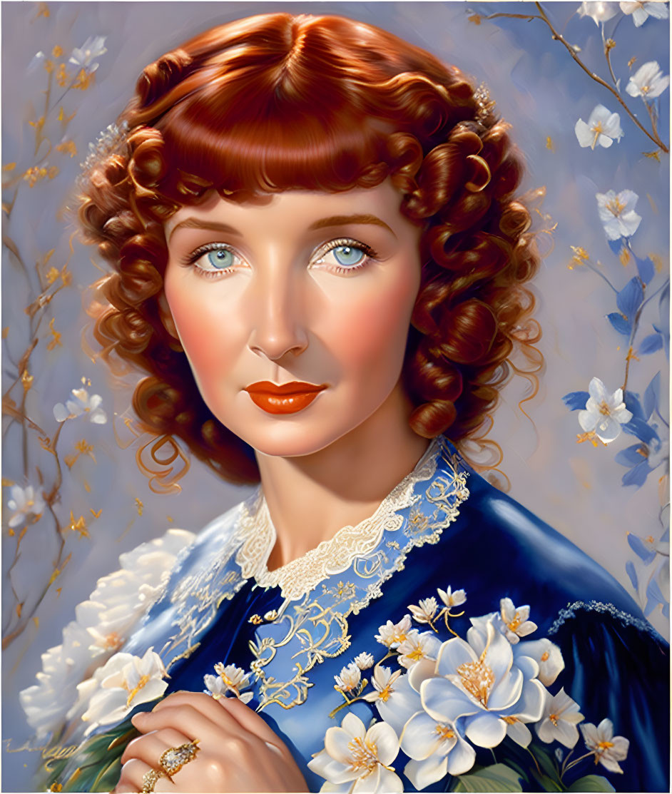 Illustrated portrait of woman with auburn hair and blue dress among white blossoms