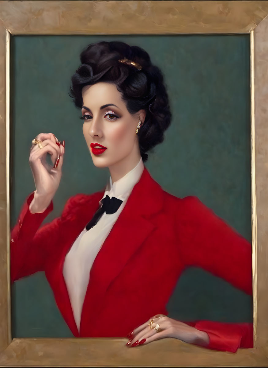 Vintage Style Woman Portrait in Red Blazer and Bow Tie