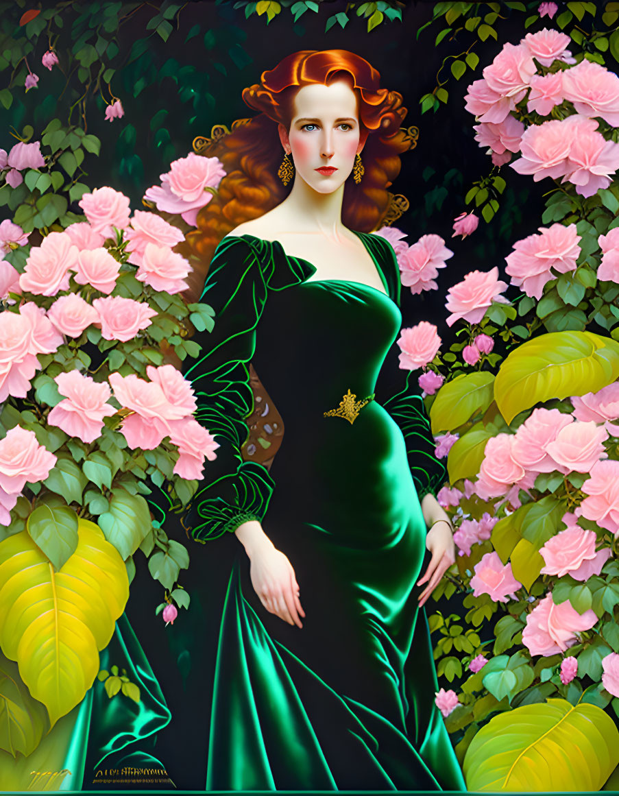 Digital painting of woman with red hair in green dress among pink roses and foliage in art nouveau style