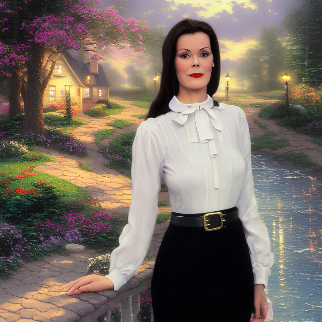 Woman in white blouse and black skirt by balustrade with cottage and garden.