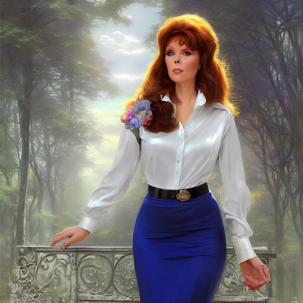 Illustrated woman with voluminous red hair in white blouse and blue skirt in ethereal forest setting