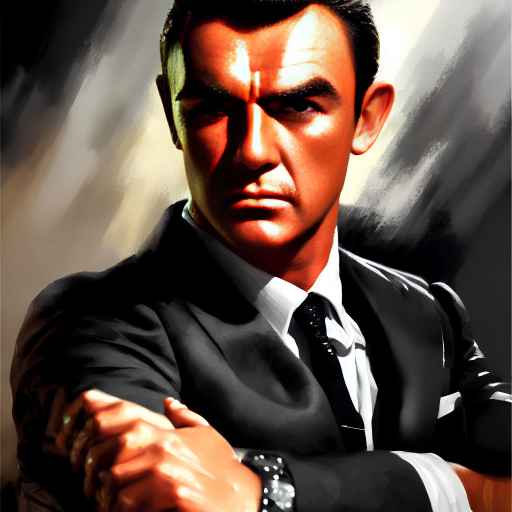 Serious man in dark suit and tie with strong brow and stern expression