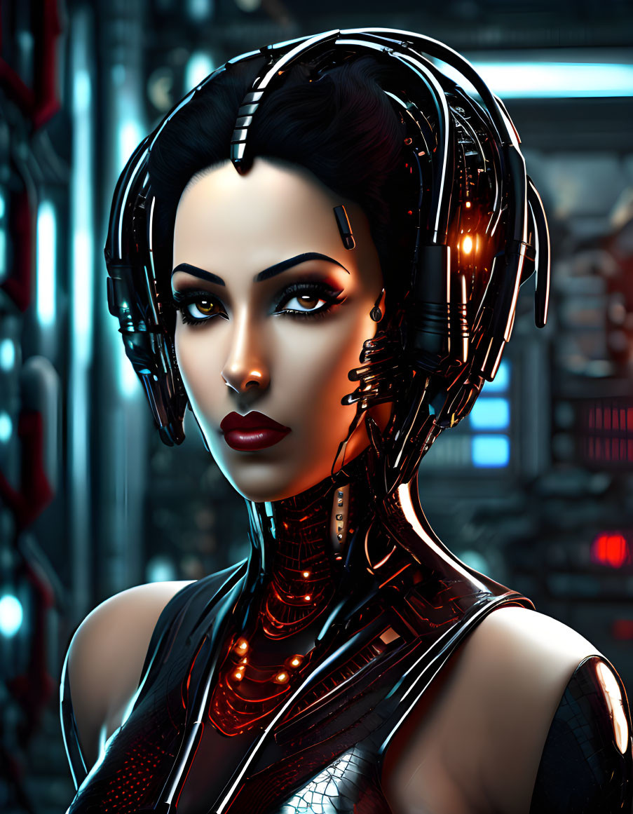 Female cyborg 3D render with intricate headgear and mechanical neck