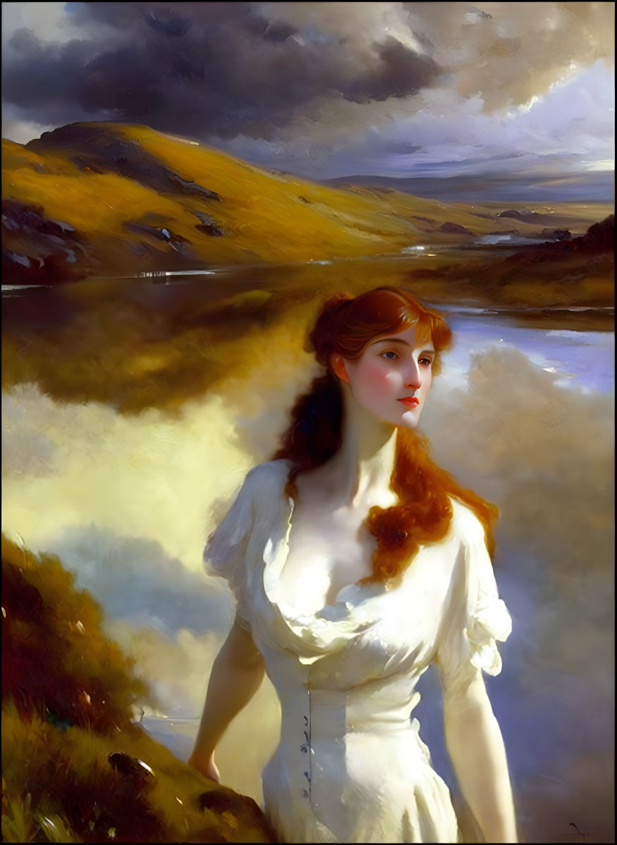 Reddish-Haired Woman in White Dress Against Dramatic Landscape