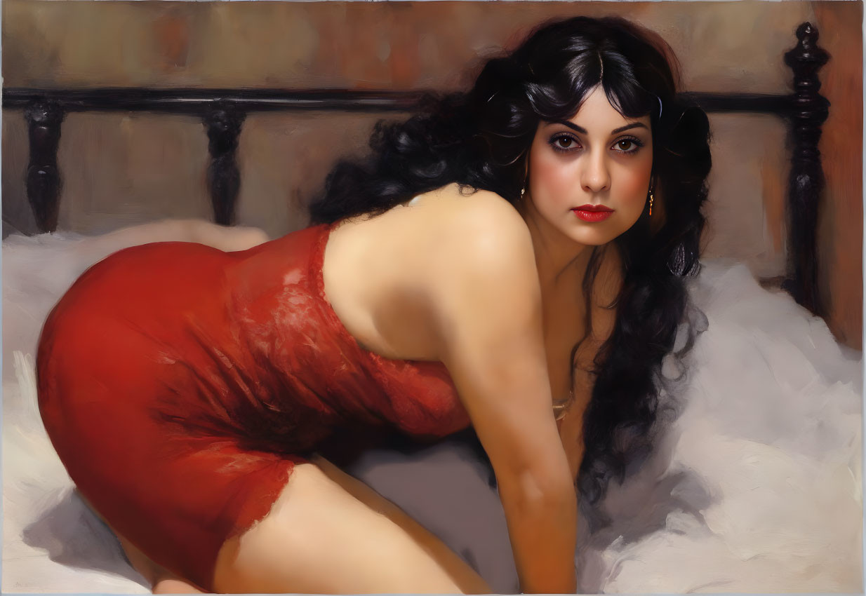 Portrait of woman with dark hair on white bed in red garment