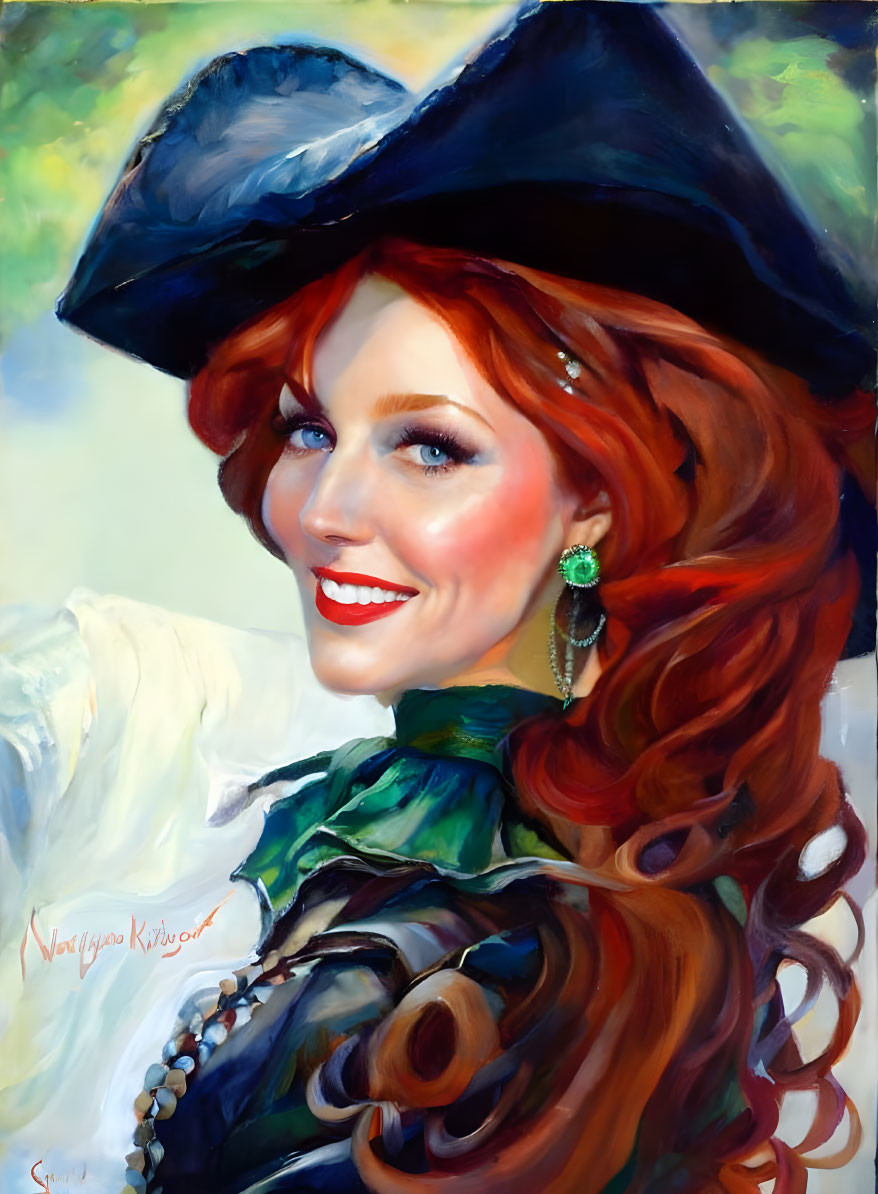 Colorful portrait of a smiling red-haired woman in a pirate hat and green attire