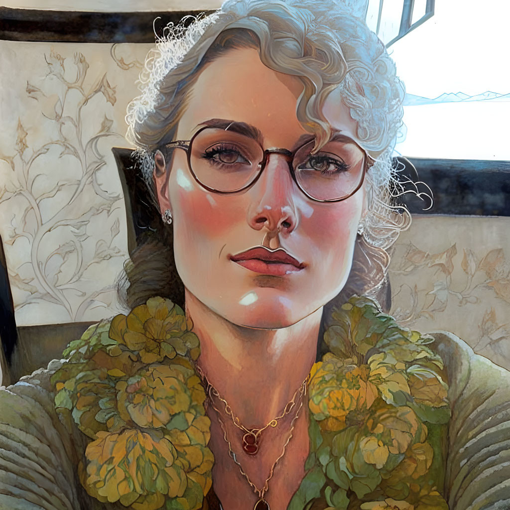 Digital artwork of woman with curly hair, glasses, green floral garment, necklace, warm light.