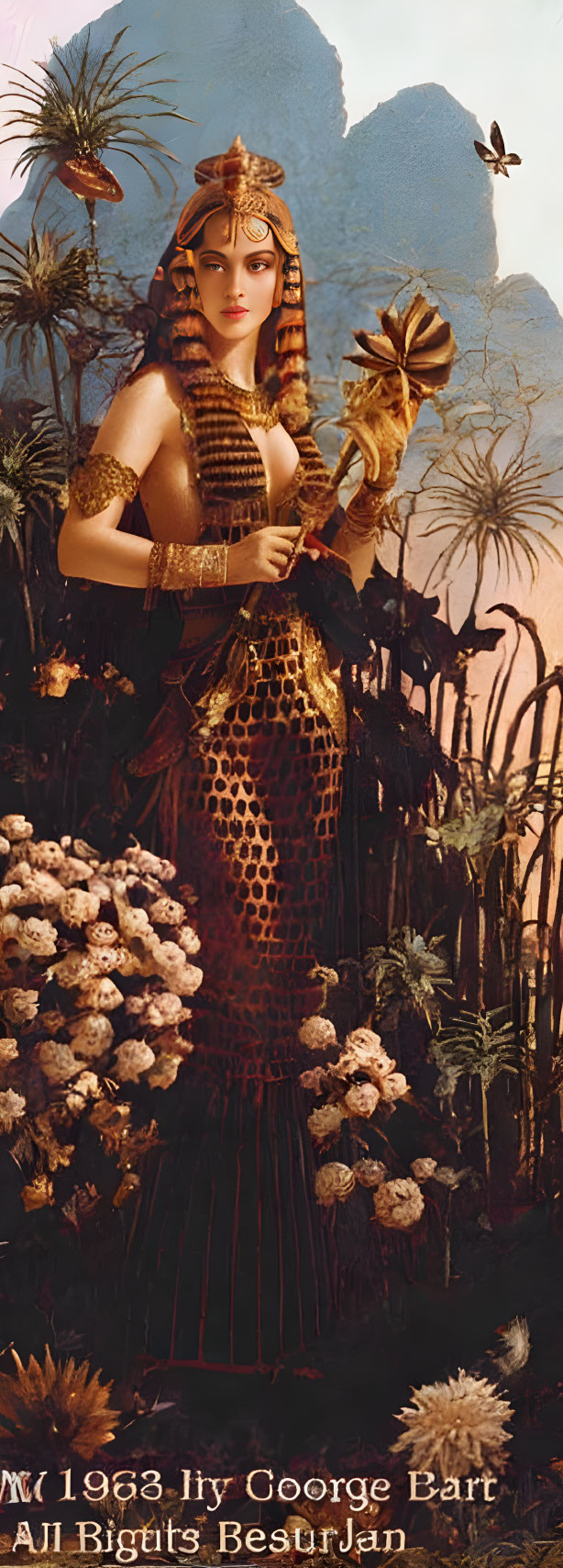 Fantasy warrior woman in leopard print attire with spear in lush, mountainous landscape.