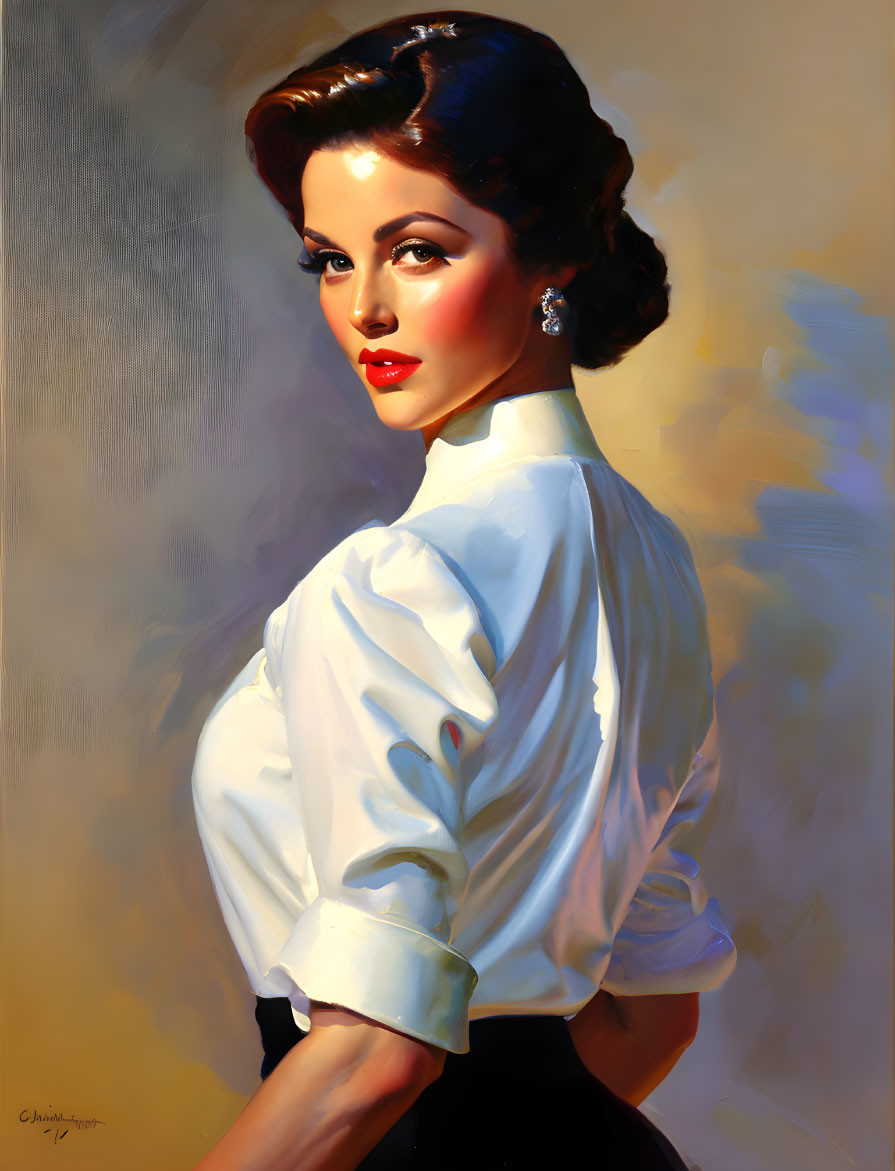 Portrait of woman with dark hair in vintage attire and earrings.