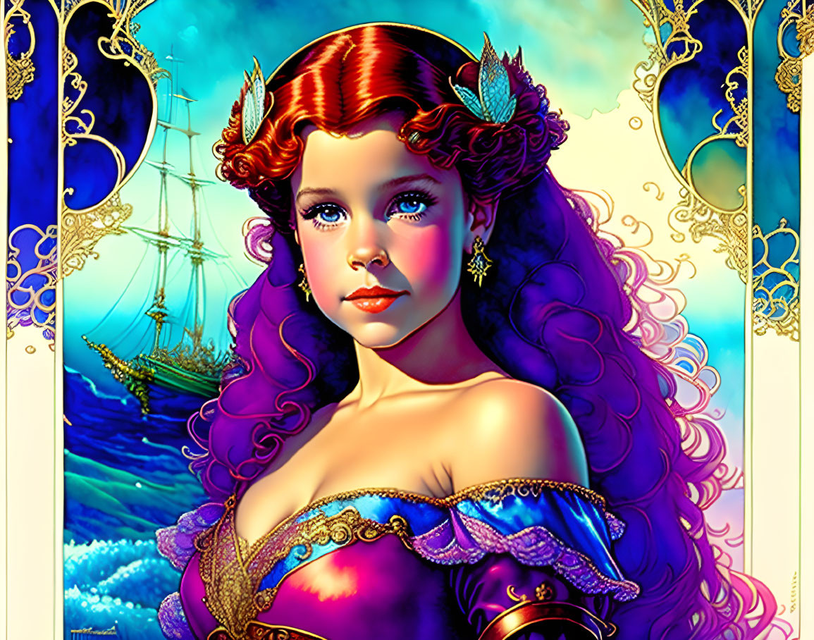 Colorful painting of girl with red hair in purple dress against ship and sea backdrop.