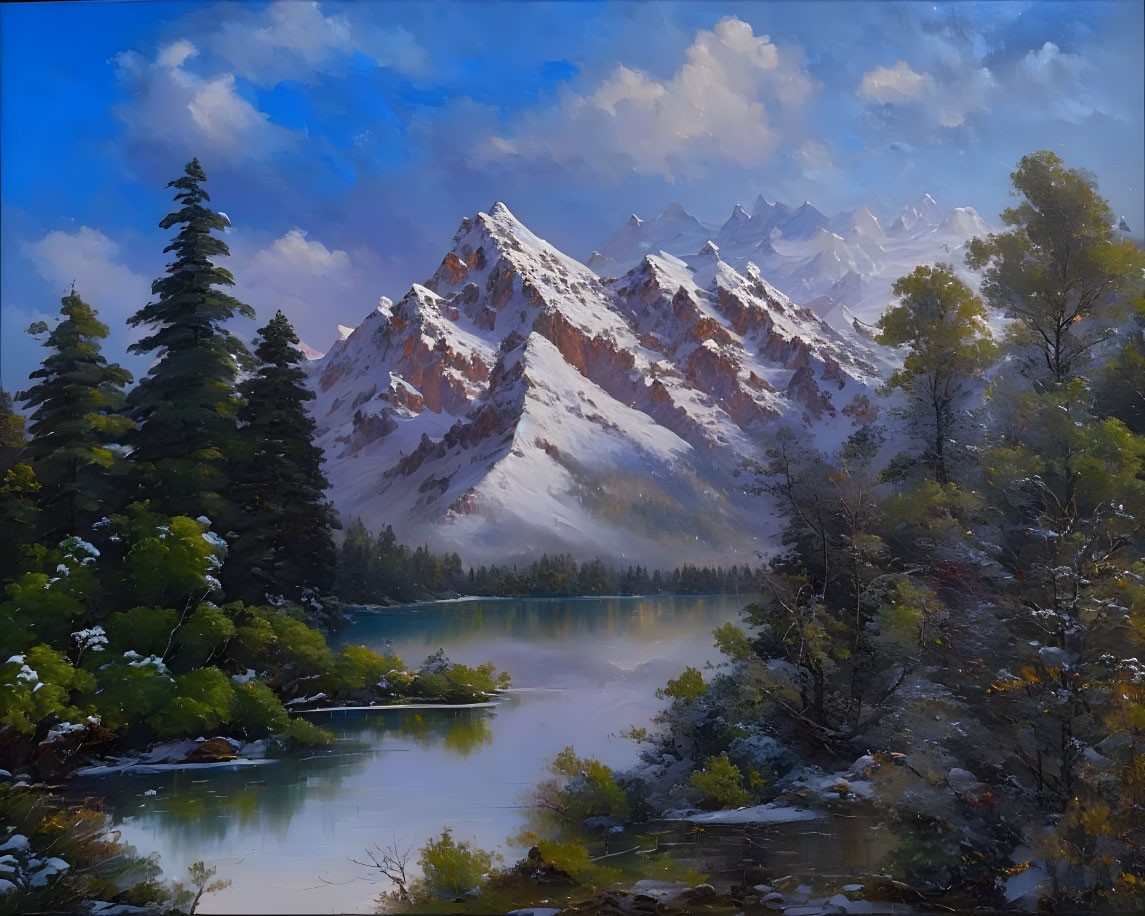 Tranquil landscape painting of lake, trees, and mountains