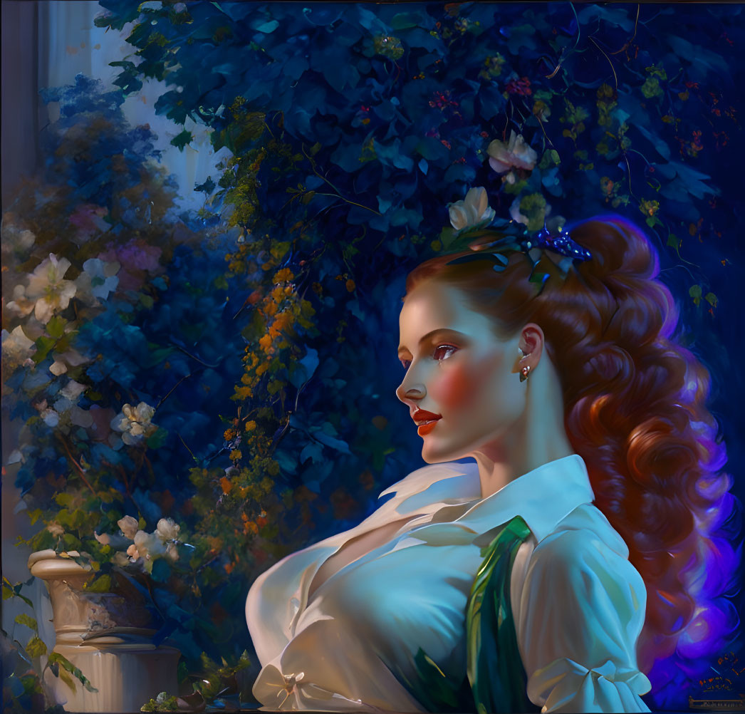 Digital artwork of woman with red hair in serene night-blooming flora.