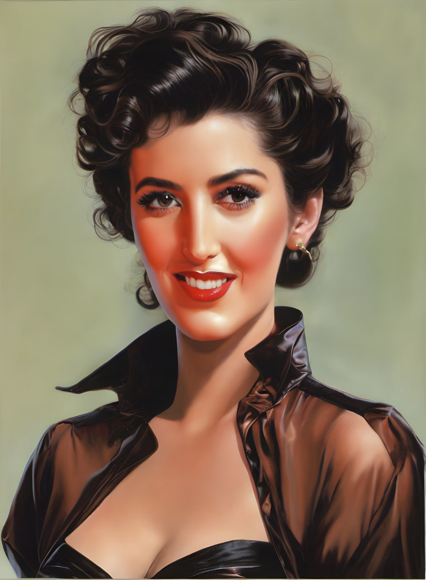 Stylized portrait of woman with curly hair and red lipstick