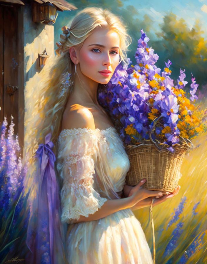 Blonde woman in white dress with purple flowers in lavender field