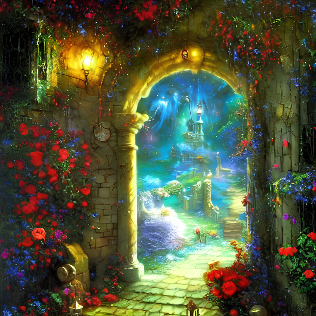 Enchanting archway with red flowers in glowing garden and distant castle