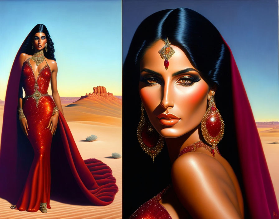 Hyperrealistic art: Woman in red dress in desert with mesa under blue sky