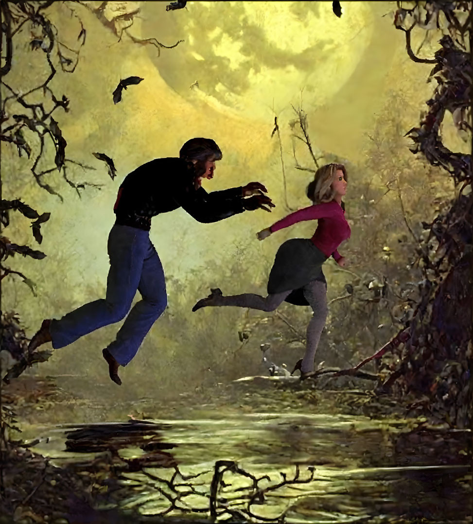 Pair Running Through Spooky Forest Under Full Moon