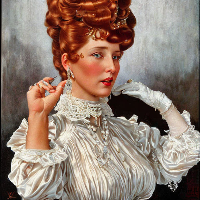 Victorian-era woman portrait with elaborate hairstyle and attire