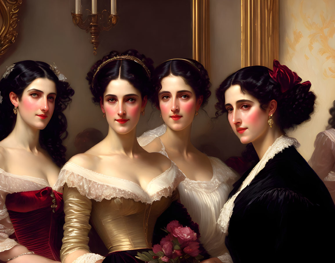 Historical portrait of four women in elegant gowns and hairstyles