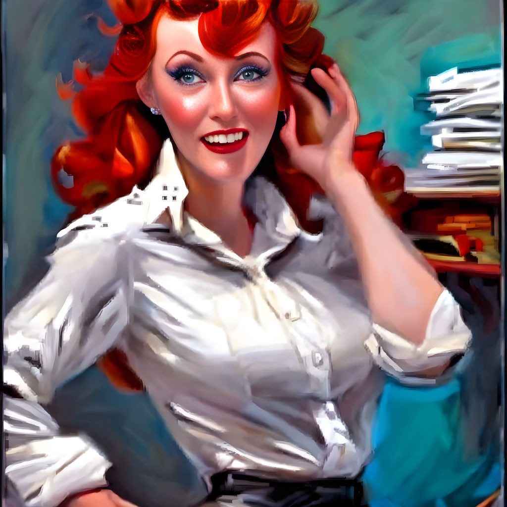 Vibrant painting of smiling woman with red hair and books