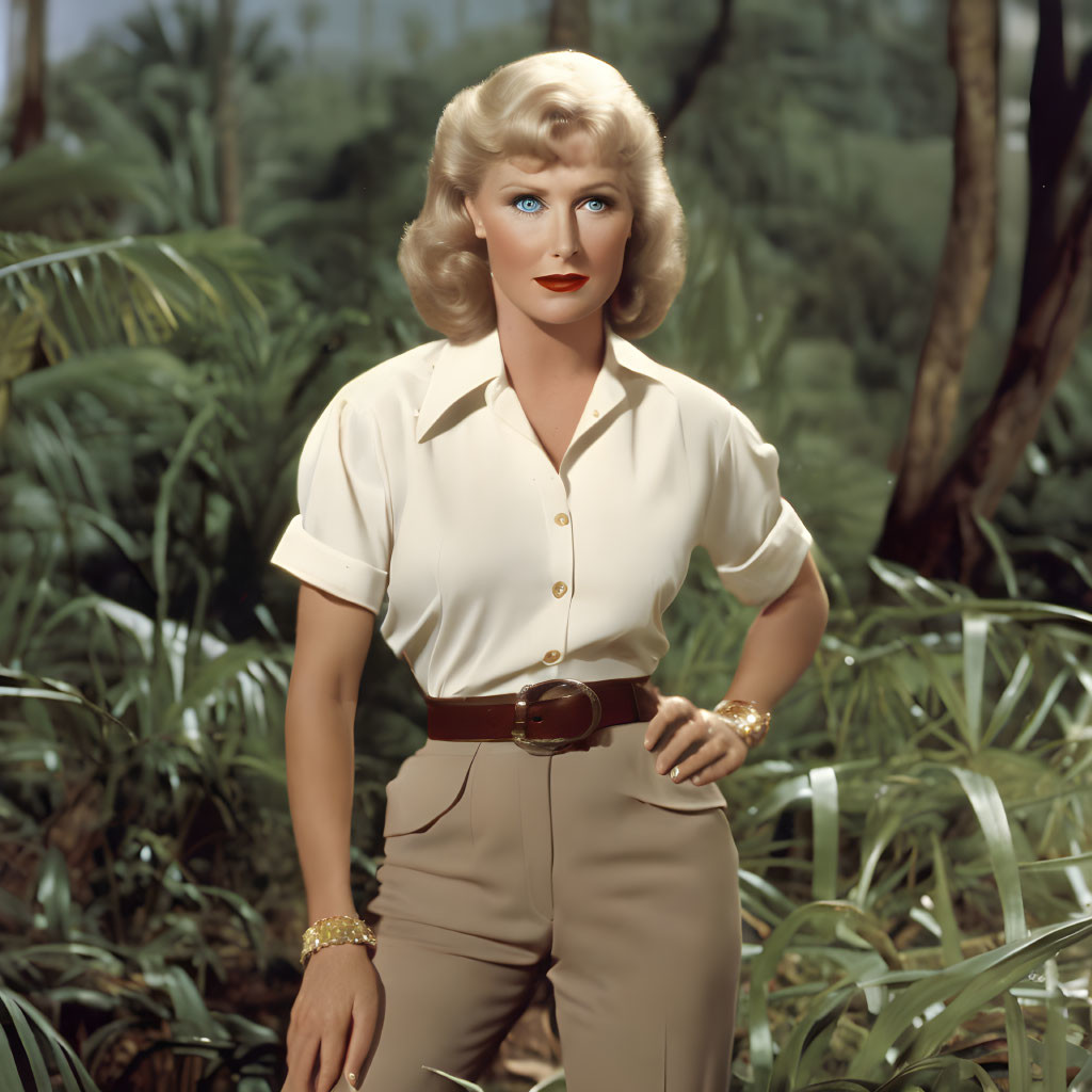 Blond-Haired Woman in Vintage Attire Against Tropical Background