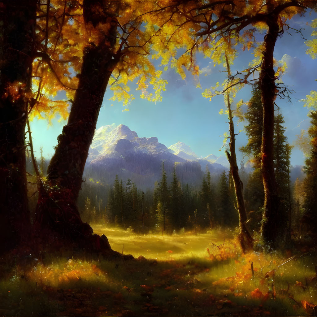 Autumn forest clearing with golden leaves and mountain backdrop