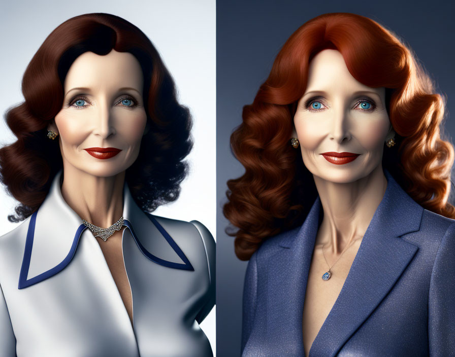 Stylized portraits of a woman with auburn hair in blue outfits